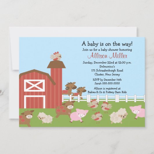 納屋周囲の庭動物ベビーガールシャワー招待状 招待状 (正面)