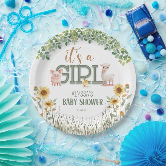 納屋周囲の庭動物ベビーガールベビーシャワー ペーパープレート (パーティー)