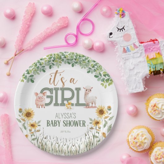 納屋周囲の庭動物ベビーガールベビーシャワー ペーパープレート (パーティー)