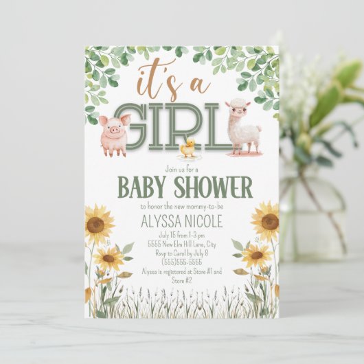 納屋周囲の庭動物ベビーガールベビーシャワー 招待状 (スタンド正面)