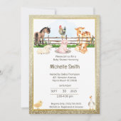 納屋周囲の庭動物金ゴールドグリッターベビーシャワー 招待状 (正面)