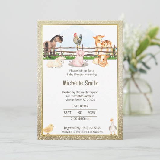 納屋周囲の庭動物金ゴールドグリッターベビーシャワー 招待状 (スタンド正面)