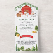 納屋周囲の庭素朴かわいい農園動物ベビーシャワー オールインワン招待状 (内側)