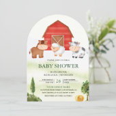 納屋周囲の庭素朴かわいい農場動物アーチ赤ちゃんシャワー 招待状 (スタンド正面)