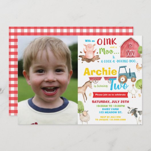 納屋周囲の庭誕生日パーティーファーム動物2番目の写真 招待状 (正面/裏面)