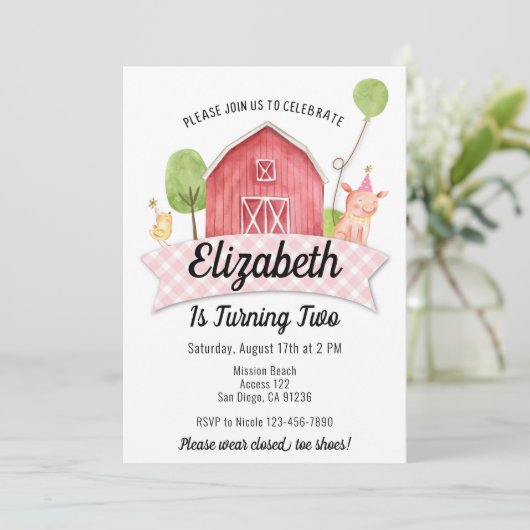納屋周囲の庭誕生日招待状、ガールズファームパーティー 招待状 (スタンド正面)