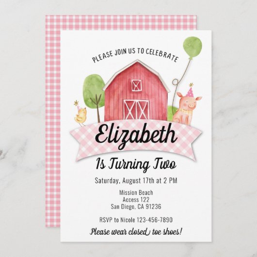 納屋周囲の庭誕生日招待状、ガールズファームパーティー 招待状 (正面/裏面)