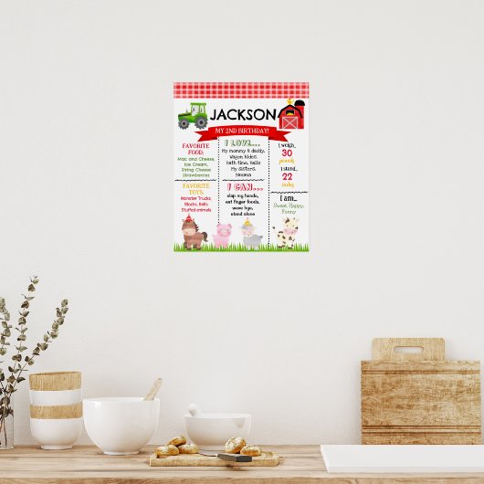 納屋周囲の庭農園動物誕生日マイルストーンサインボーイ ポスター (キッチン)