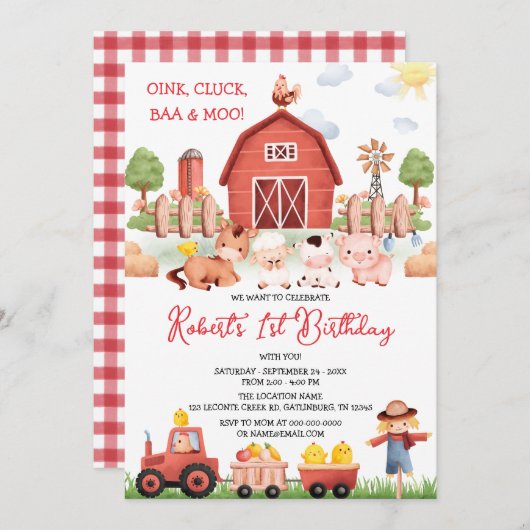 納屋周囲の庭農園動物誕生日招待状 招待状 (正面/裏面)