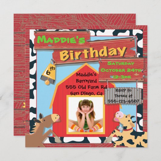納屋周囲の庭農家動物写真が誕生日パーティーを挿入 招待状 (正面/裏面)