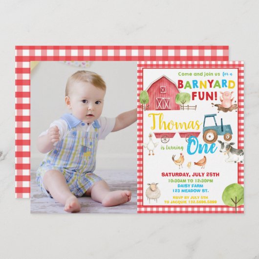 納屋周囲の庭1歳の誕生日パーティーかわいいファーム動物の写真 招待状 (正面/裏面)