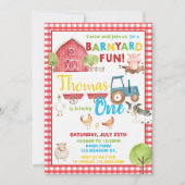 納屋周囲の庭1歳の誕生日パーティーかわいい動物 招待状 (正面)