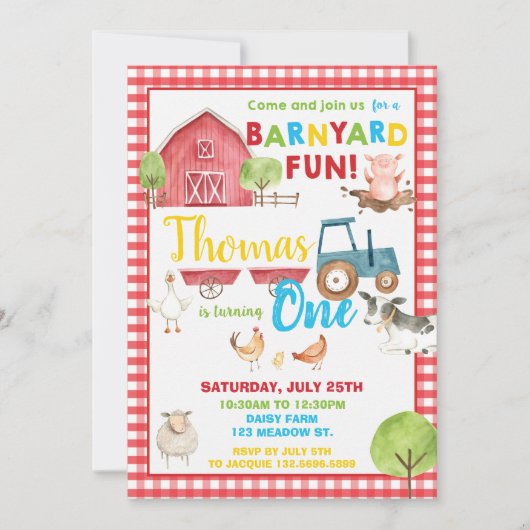 納屋周囲の庭1歳の誕生日パーティーかわいい動物 招待状 (正面)