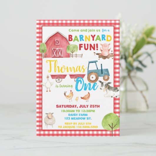 納屋周囲の庭1歳の誕生日パーティーかわいい動物 招待状 (スタンド正面)