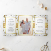 純白とグレイのマーブル模様にゴールドのラメが輝く ウェディングフォト 三つ折り招待状 (内部)