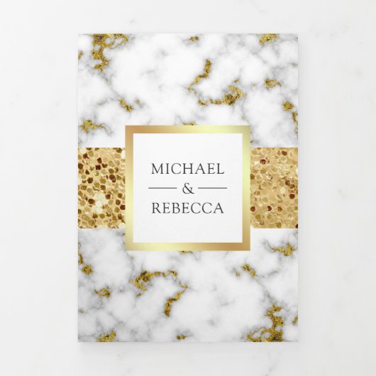 純白とグレイのマーブル模様にゴールドのラメが輝く ウェディングフォト 三つ折り招待状 (カバー)