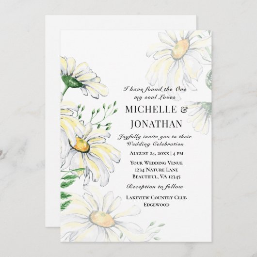 純白のデイジー花水彩のクリスチャン結婚式 招待状 (正面/裏面)