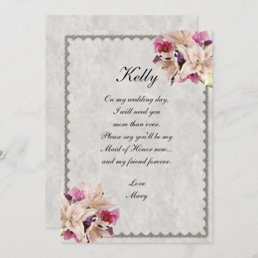 純白のユリの花をあしらった大理石のウェディング メイド・オブ・オナー 招待状 (正面/裏面)