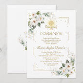 純白のワイルドローズ ゴールドグリッター 初めての聖体拝領 招待状 (正面/裏面)