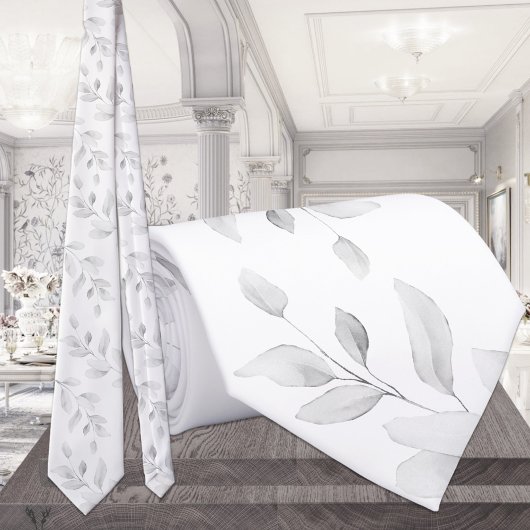 純白の上の柔らかい灰色のユーカリ結婚プス ネクタイ