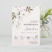 純白の花を飾ったスペイン風結婚式招待状 招待状 (スタンド正面)