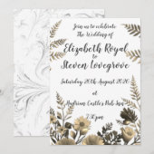 純白 シンプル ライトゴールド フラワー ウェディング 招待状 (正面/裏面)