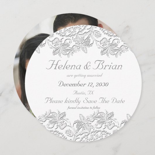 純白 ヴィンテージ フランスレース フォト セーブ・ザ・デート 招待状 (正面/裏面)