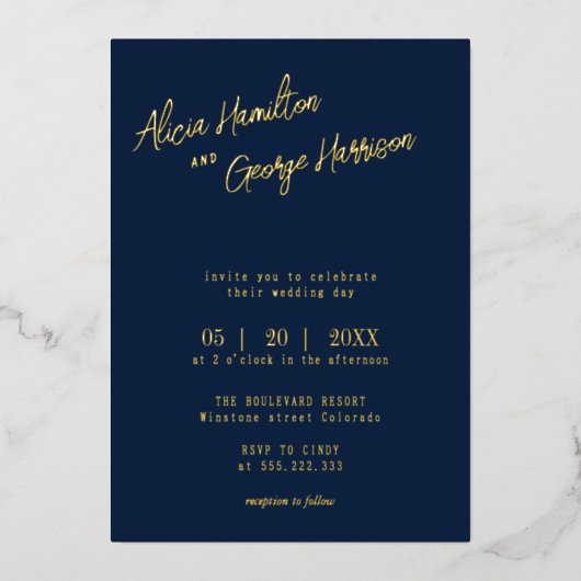 純粋なエレガンス：ネイビーブルーと金ゴールド結婚ズ 箔招待状 (正面)