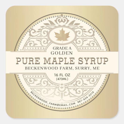 純粋なローカルメープルシロップ華美ラベル金属金ゴールド スクエアシール (正面)