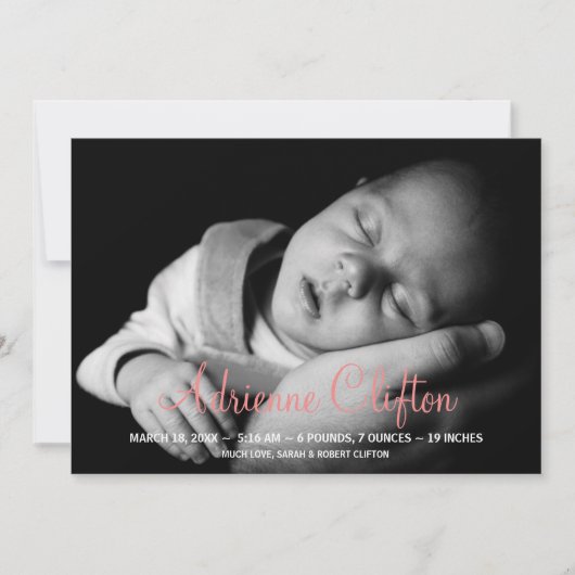 純粋な単にピンクのベビーの統計量の誕生の発表 案内状 (正面)