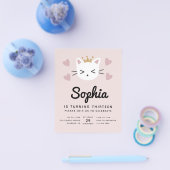 紙かわいい猫ピンクのバジェットバースデーパーティー招待状 チラシ (シングル)