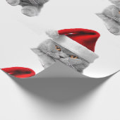 紙のクリスマスグレーの猫とサンタハットを包む ラッピングペーパー (角)