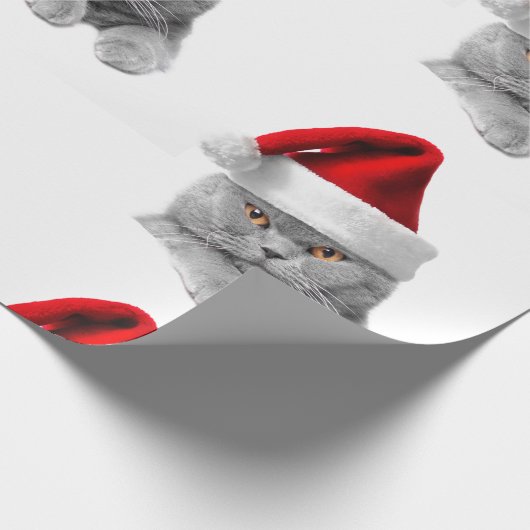 紙のクリスマスグレーの猫とサンタハットを包む ラッピングペーパー (角)