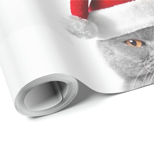紙のクリスマスグレーの猫とサンタハットを包む ラッピングペーパー (ロールコーナー)