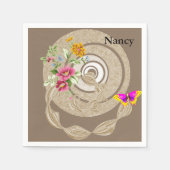 紙のナプキン、ベージュの花柄 スタンダードカクテルナプキン (正面)