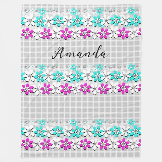 紙のネオンの灰色の白市松模様にの花 フリースブランケット (正面)