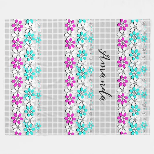 紙のネオンの灰色の白市松模様にの花 フリースブランケット (正面(横))