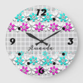 紙のネオンの灰色の白市松模様にの花 ラージ壁時計 (正面)