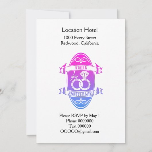 紙の伝統的な最初の結婚記念日 招待状 (裏面)