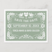 紙の装飾(papel picado) サージュグリーンの結婚式 Save the Date 案内ポストカード (正面)