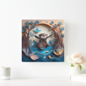 紙アート折り紙オッターin Water 3D スクエア壁時計 (ホーム)