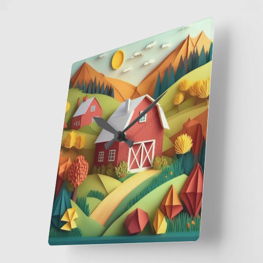 紙アート折り紙スタイルファームハウスシーン スクエア壁時計 (傾斜)