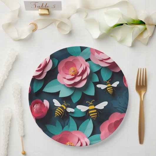 紙カットアウトピンクカメリアとビーズネイビー3D ペーパープレート (ウェディング)