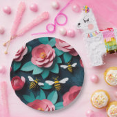 紙カットアウトピンクカメリアとビーズネイビー3D ペーパープレート (パーティー)