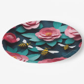 紙カットアウトピンクカメリアとビーズネイビー3D ペーパープレート (アングル)