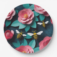 紙カットアウトピンクカメリアとビーズネイビー3D