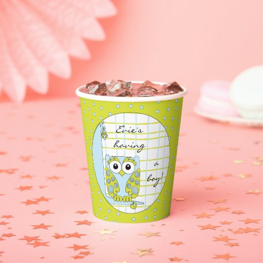 紙カップ「ブルー/グリーンフクロウ」 8 oz. 紙コップ (インサイチュ)