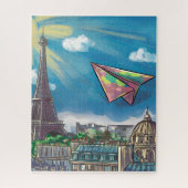 紙カラフル飛行機パ飛んでいるリ、エッフェル塔 ジグソーパズル (縦)