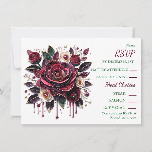 紙クイリングBurgundyバラと真珠RSVP 招待状 (正面)