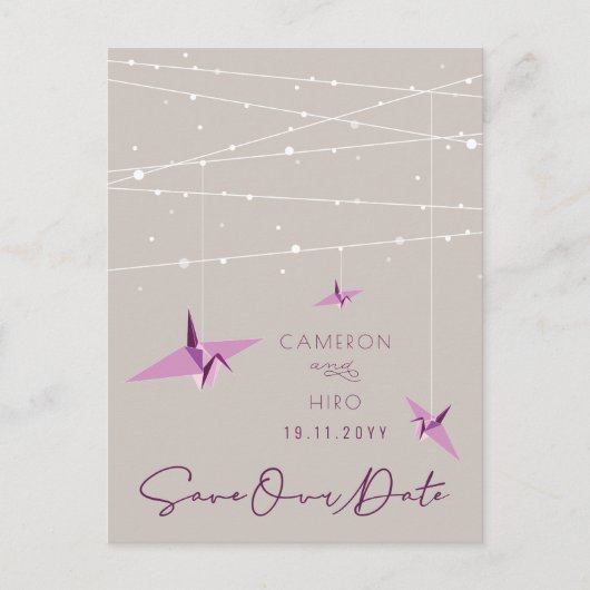 紙クレーン妖精のライトウェディングデートを保存 案内ポストカード (正面)